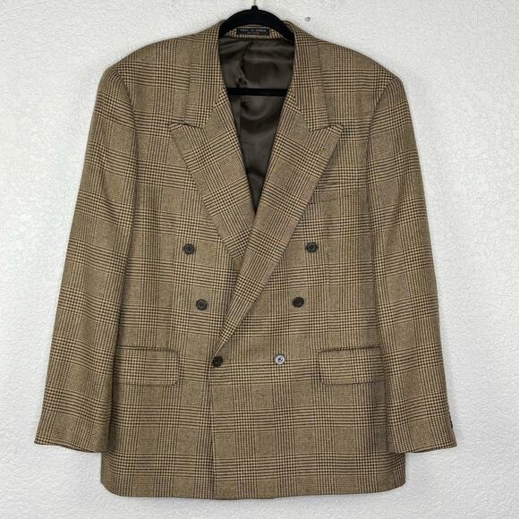 Club Room Men's 43R Double Breasted Sport Coat Wool Silk Gatsby Tan Brown Check - Picture 2 of 9